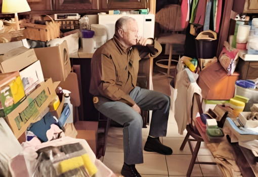 Homem sentando observando sala com muitos objetos de diferentes tipos.